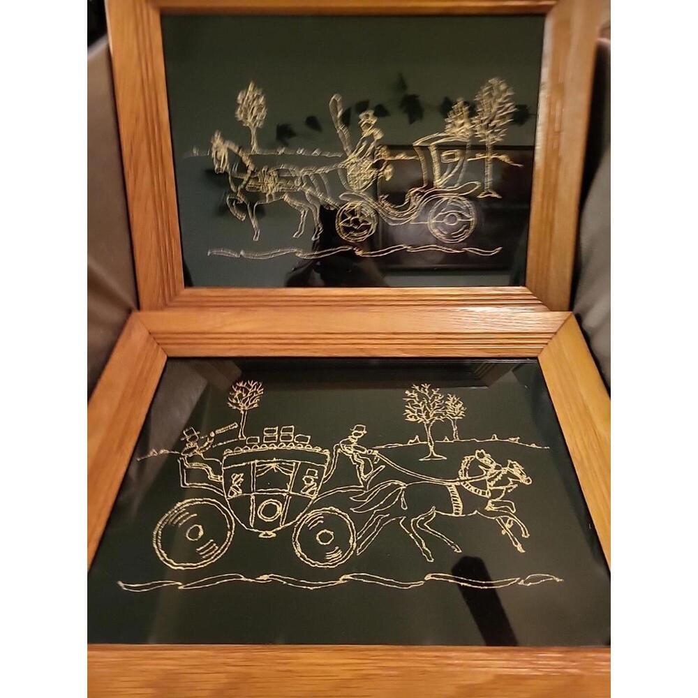 2 Vintage Black Velvet Hand Painted Gold Victorian Horse and Carriage 10x14